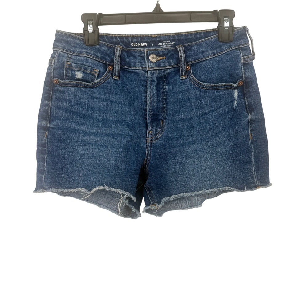 Old Navy OG Straight Denim Shorts Womens 6 Blue High Rise Raw Hem Cut Off